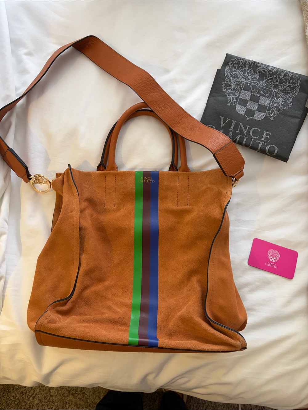 Vince Camuto Brown Suede Sosia Tote with Green & Blue Center Stripe